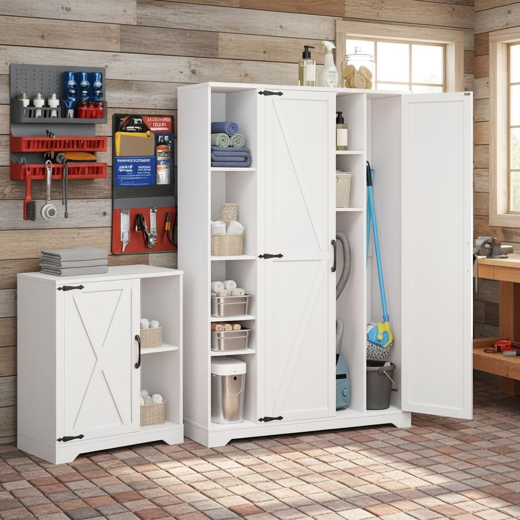 YITAHOME Wooden Garage Broom Cabinets with Adjustable Shelves, Multifunctional Organizer for Ironing Boards and Vacuum Cleaners, Tool Storage Cabinet for Gym, Basement, Warehouse, Oak White