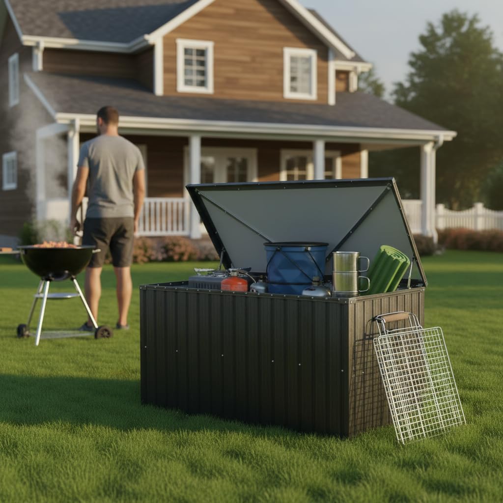 215 Gallon Outdoor Storage Box, Metal Deck Box with Waterproof UV-Resistant and Hydraulic Rod Design for Poolside, Patio, Backyard (Medium)