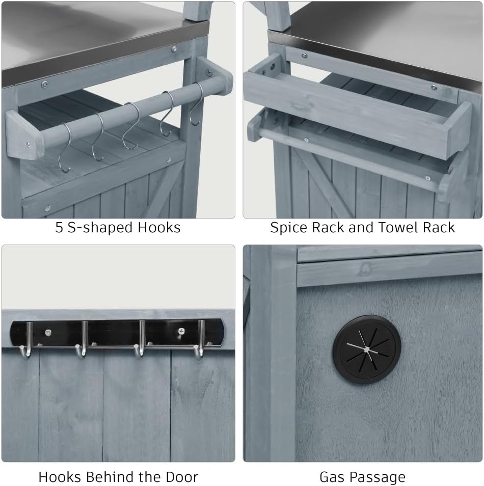 53.3' Outdoor Kitchen Island with Raised Shelf, Solid Wood Storage Cabinet with Stainless Steel Top, Outdoor Rolling Grill Cart with Internal Storage Rack, Adjustable Shelf, Spice Rack (Grey)