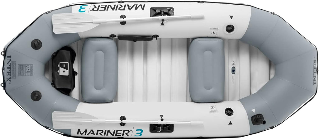 INTEX Mariner Inflatable Boat Series: Includes Deluxe Boat Oars and High-Output Pump – SuperTough PVC – Wear-Resistant Keel – Removable Fishing Rod Holders – Heavy Duty Grab Handle
