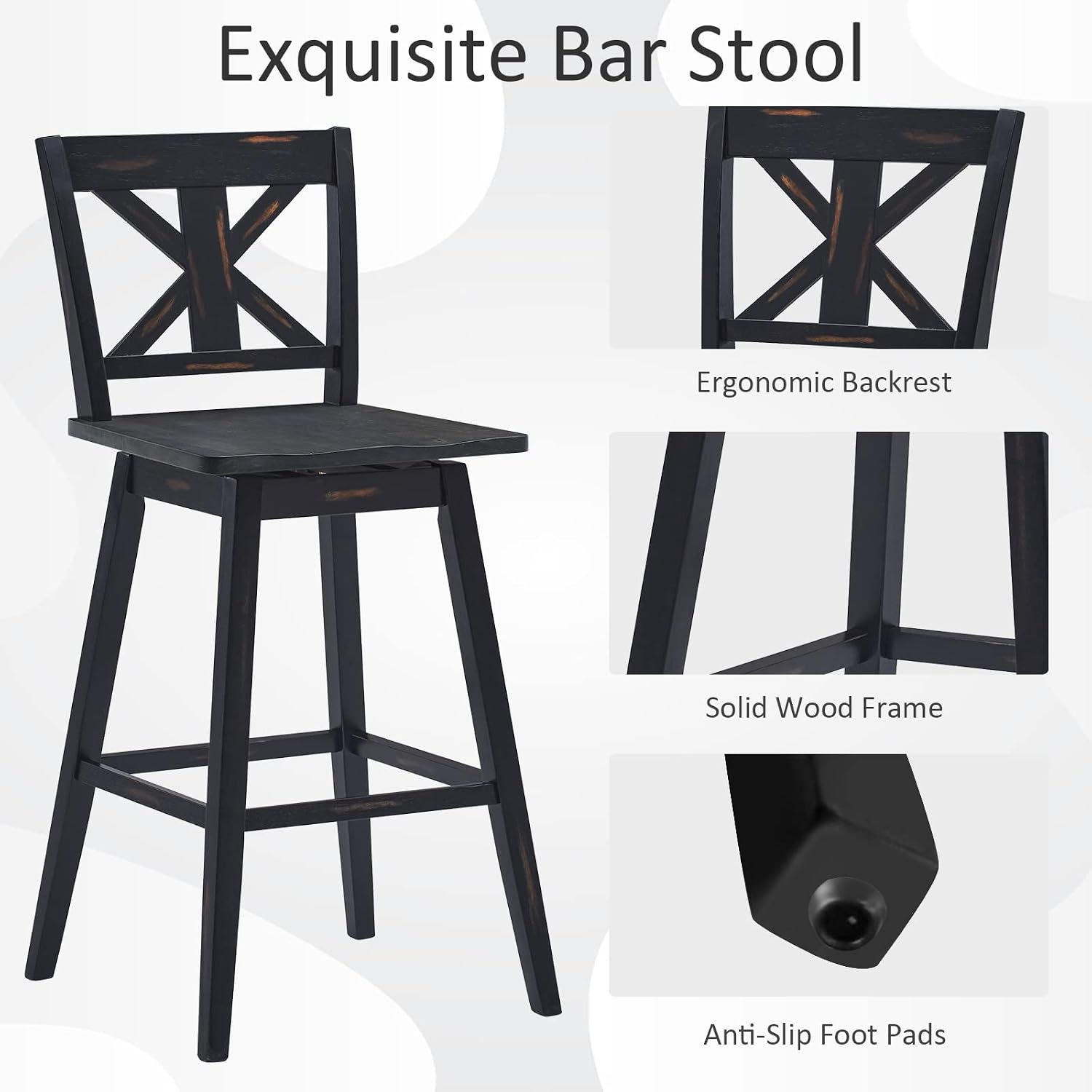 COSTWAY Bar Stools Set of 4, 360 Degree Swivel, 29-inch Height Chairs w/Non-Slip Foot Pads, Rubber Wood Bar Chairs, Vintage Bar Stools for Home, Restaurant (Black)
