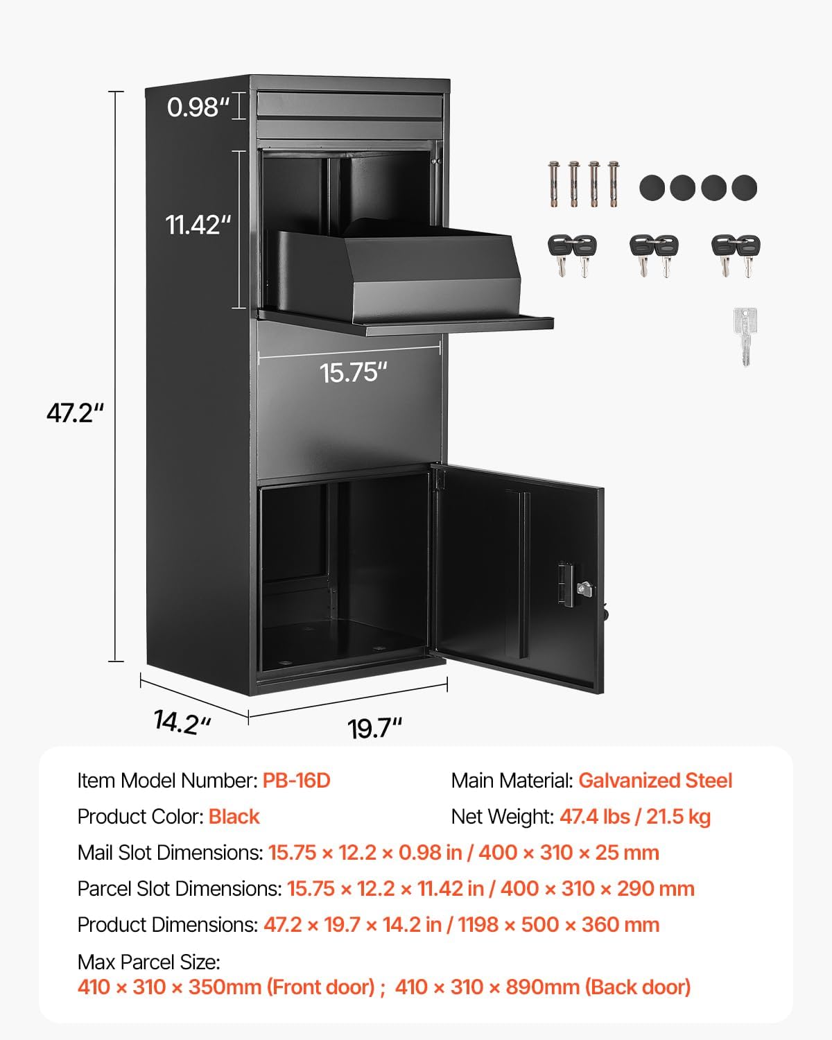 VEVOR Package Delivery Boxes for Outside, 47.2 in Mailbox for Parcel with Lock, Galvanized Steel Package Drop Box with Anti-Theft Design, Weather-Resistant Package Mailbox for Home and Office, Black