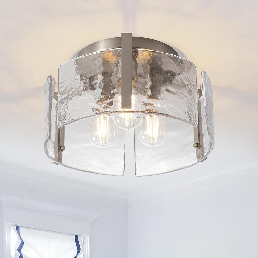 Nickel Semi Flush Mount Ceiling Light Fixture, 14-Inch Glass Drum Flush Mount Light Modern Foyer Lighting Fixtures Farmhouse Kitchen Lights for Entryway Hallway Bathroom Laundry Room Bedroom