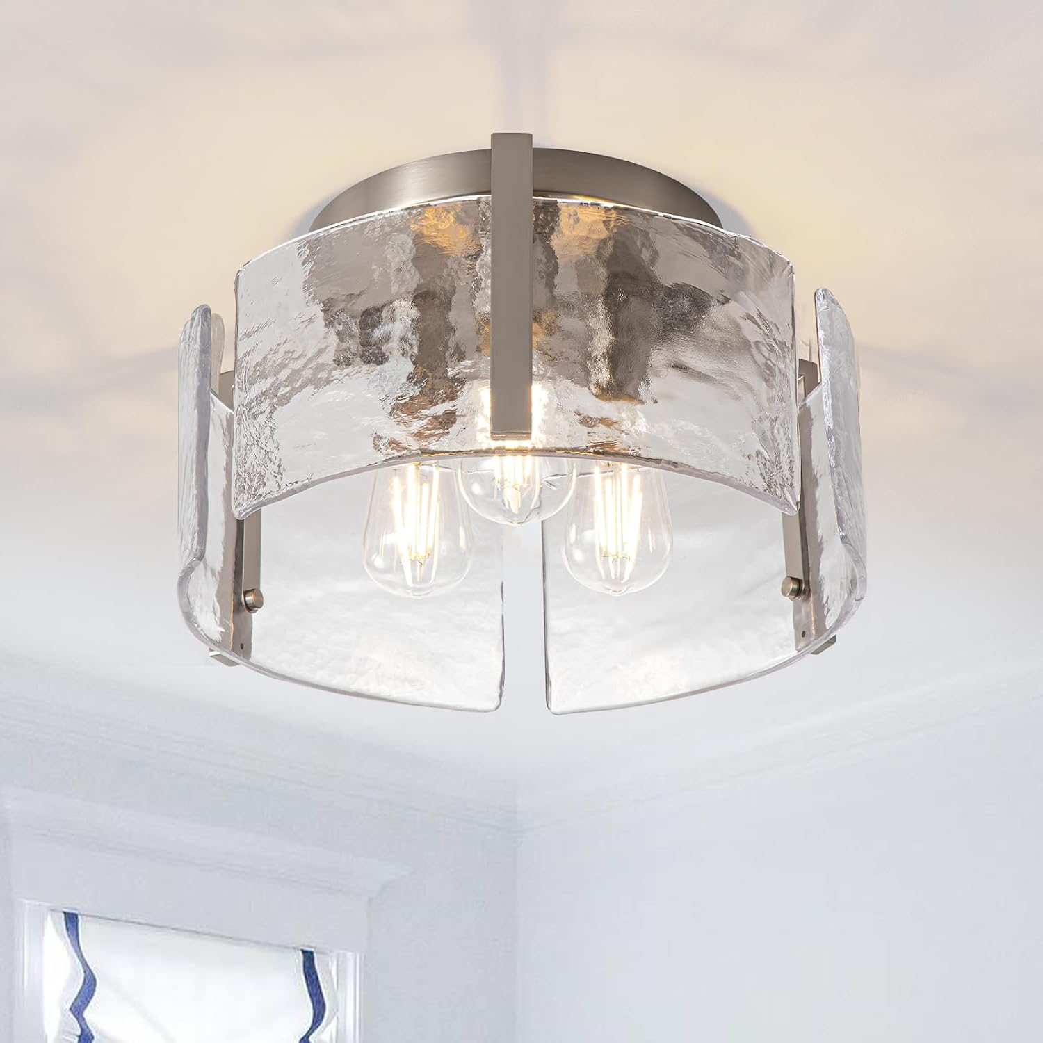 Nickel Semi Flush Mount Ceiling Light Fixture, 14-Inch Glass Drum Flush Mount Light Modern Foyer Lighting Fixtures Farmhouse Kitchen Lights for Entryway Hallway Bathroom Laundry Room Bedroom