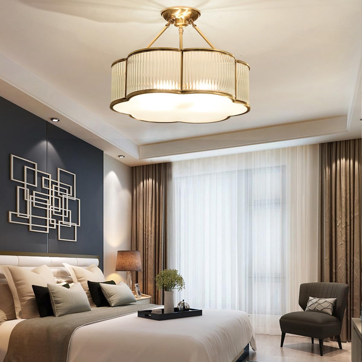 Modern Semi-Flush Ceiling Light Fixture,Decorative Floral Flush Mount Chandelier,Flower Shaped Glass Ceiling Lamp,Close Ceiling Light Fixture for Bedroom Living Room Dining Room