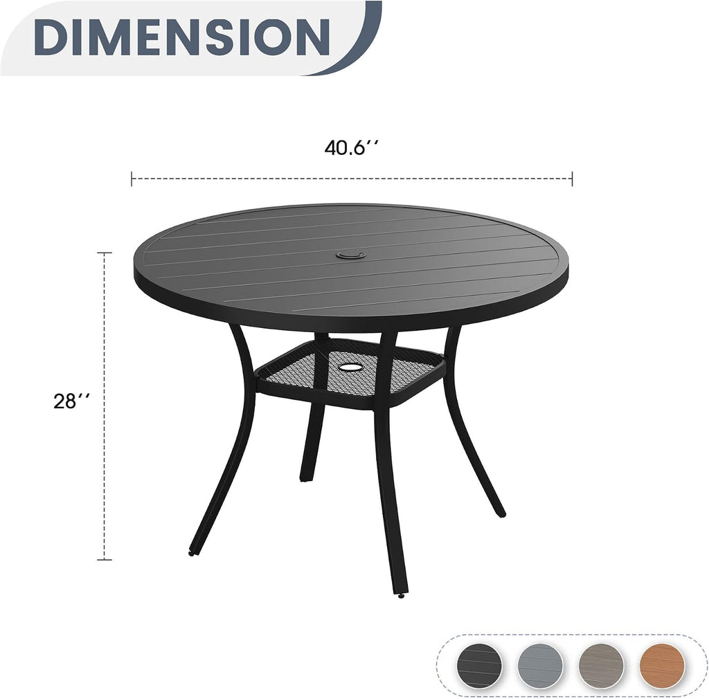 VICLLAX 40.6' Round Metal Outdoor Dining Table for 4, Patio Table with Umbrella Hole and Storage Shelf for Garden, Lawn, Deck, Black