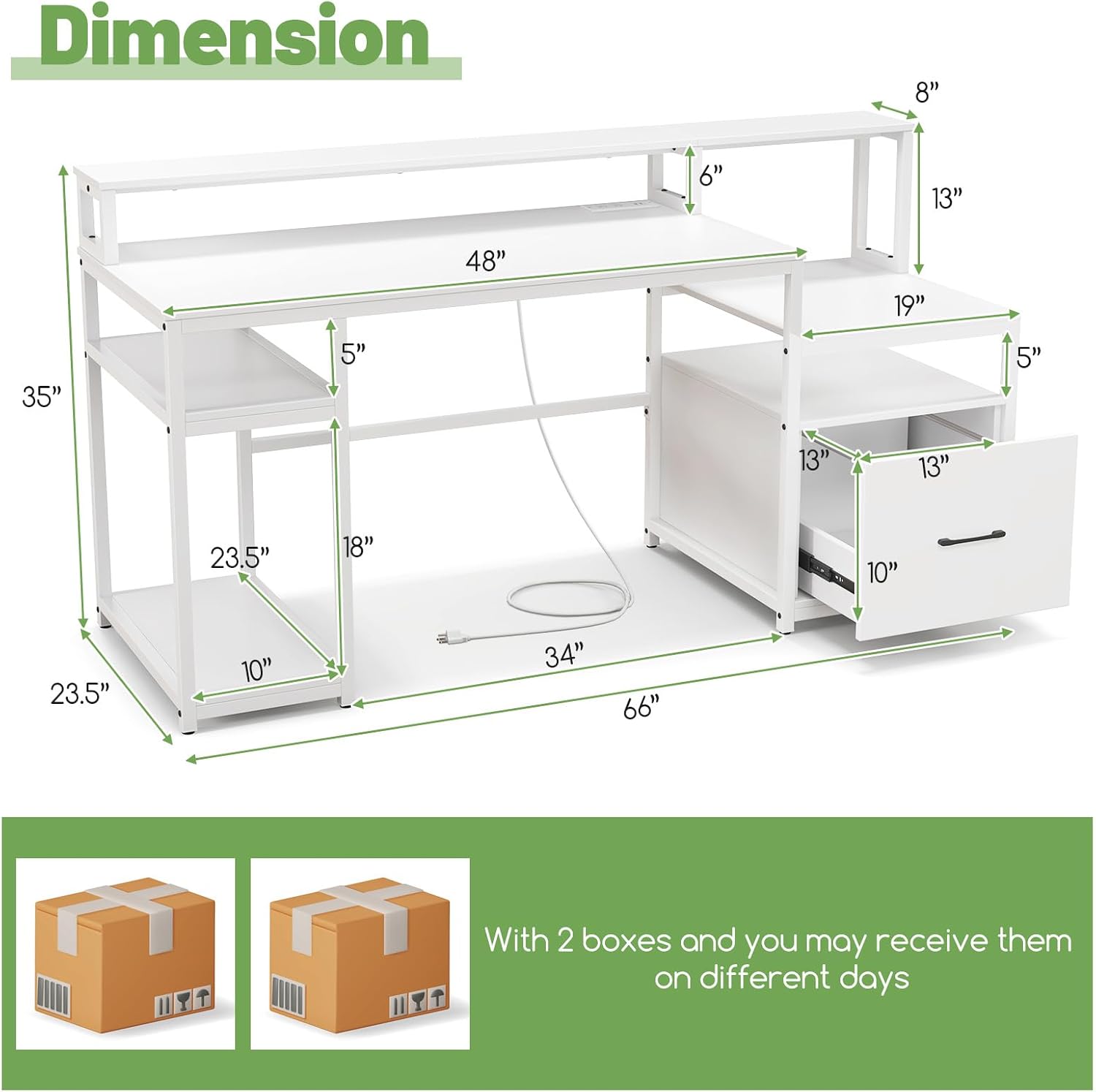 COSTWAY 66-inch Computer Desk with Power Outlet, Office Desk with Monitor Stand, Printer Shelf, File Drawer, CPU Stand, Modern Home Office Desk Computer Workstation, White