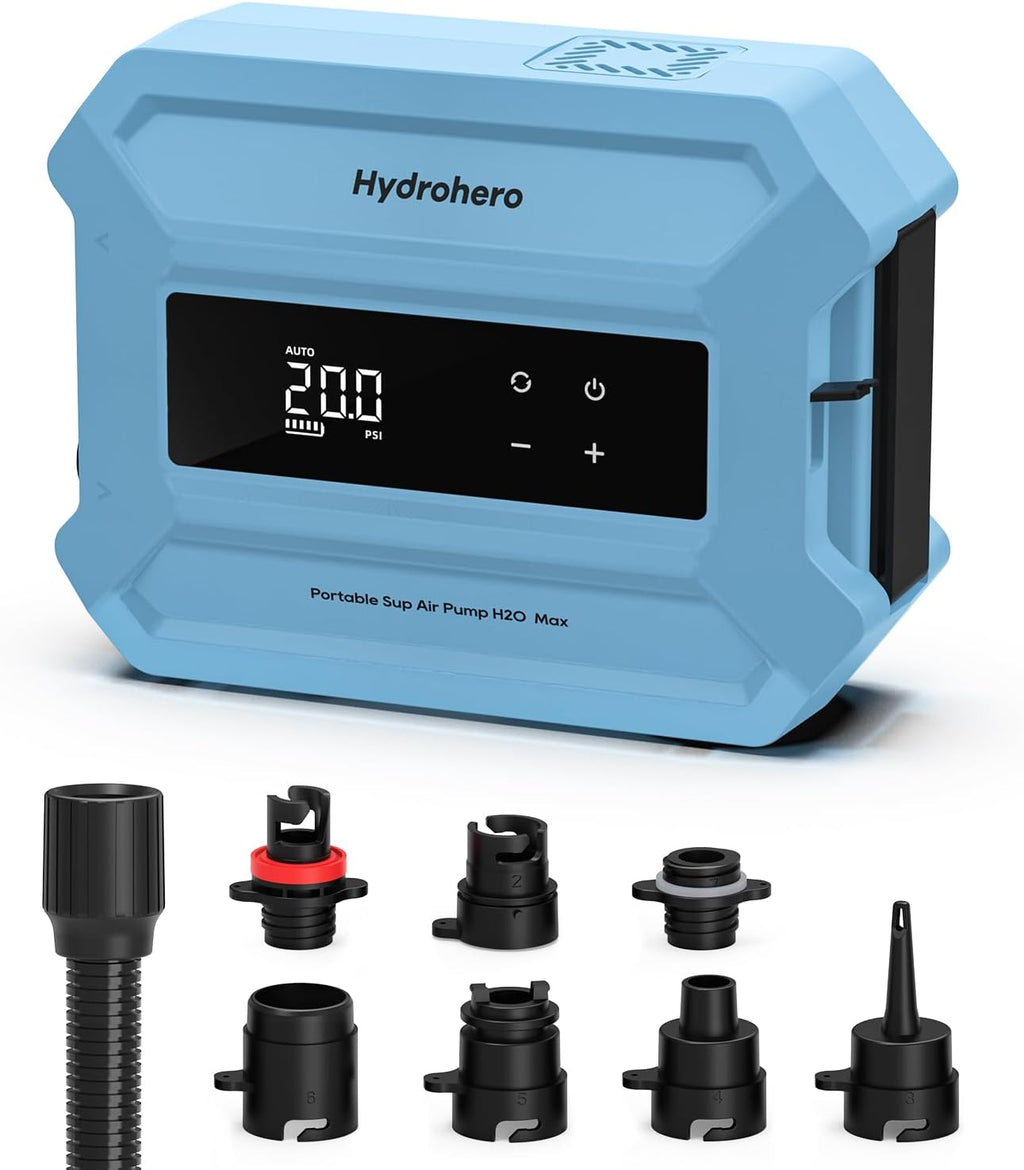 Hydrohero Rechargeable Paddle Board Pump, Max 20PSI SUP Pump Electric Portable, Intelligent Dual Stage Inflation & Deflation, LED Display, Auto-Off for Paddleboards, Kayaks, Inflatable Boats, Tents