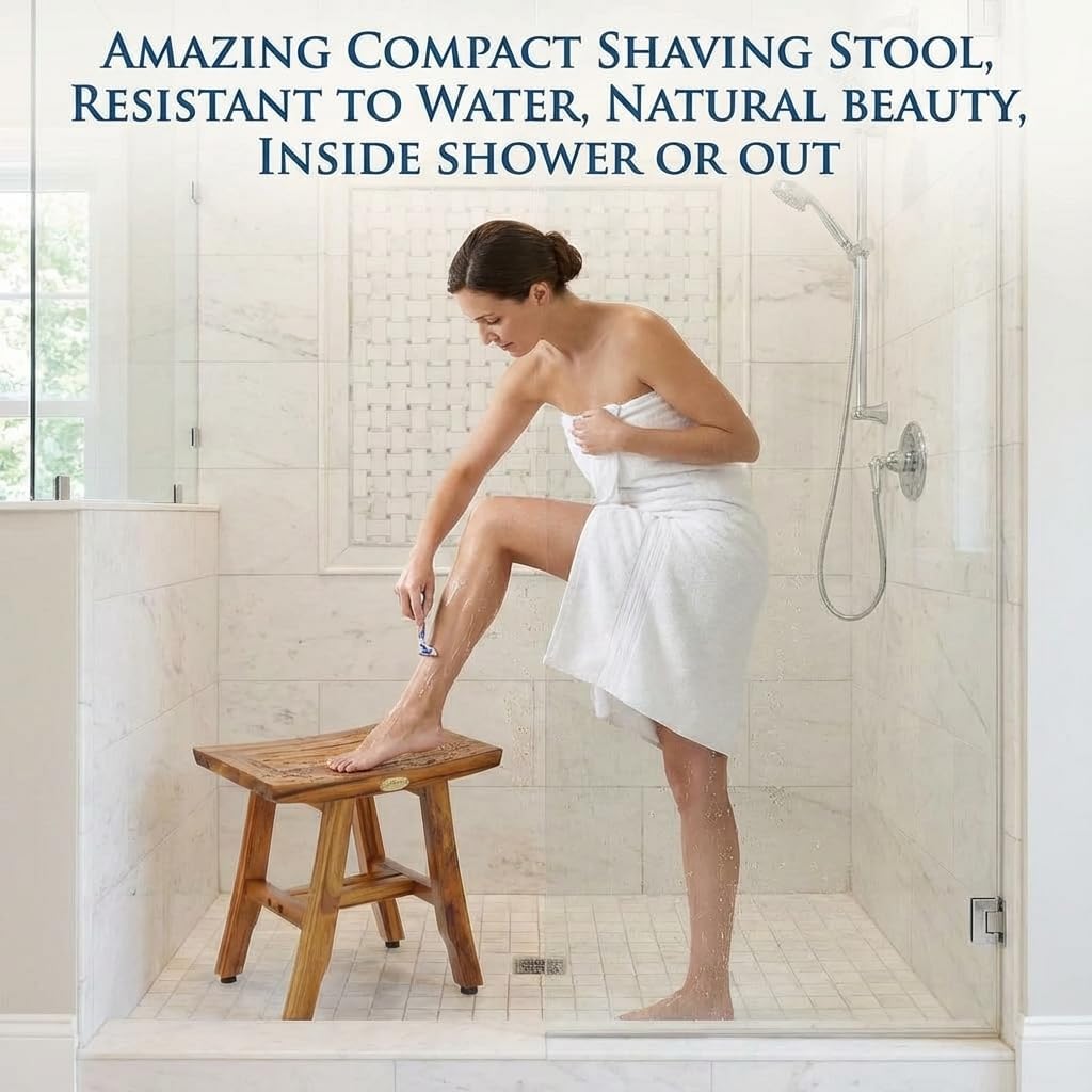 EcoDecors® Satori® 14' Solid Teak Shower Bench, Water-Resistant Bath Stool with Adjustable Feet, EarthyTeak Finish, Indoor/Outdoor Use