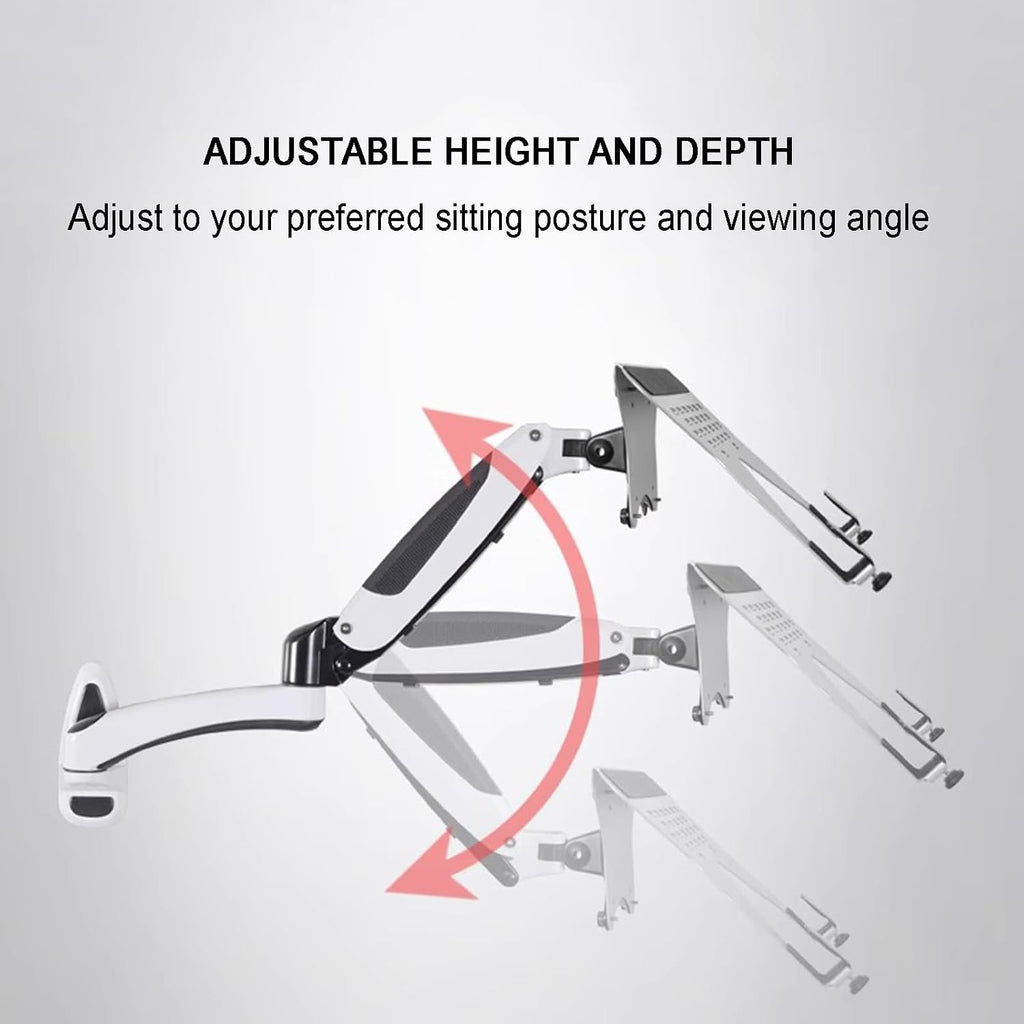 Laptop Wall Mount, Adjustable Laptop Holder, Vented Cooling Platform, with Pneumatic Extended Arm - Height Adjustable, Holds Up to 7KG, Fits 10 to 17 Inch Screen, White