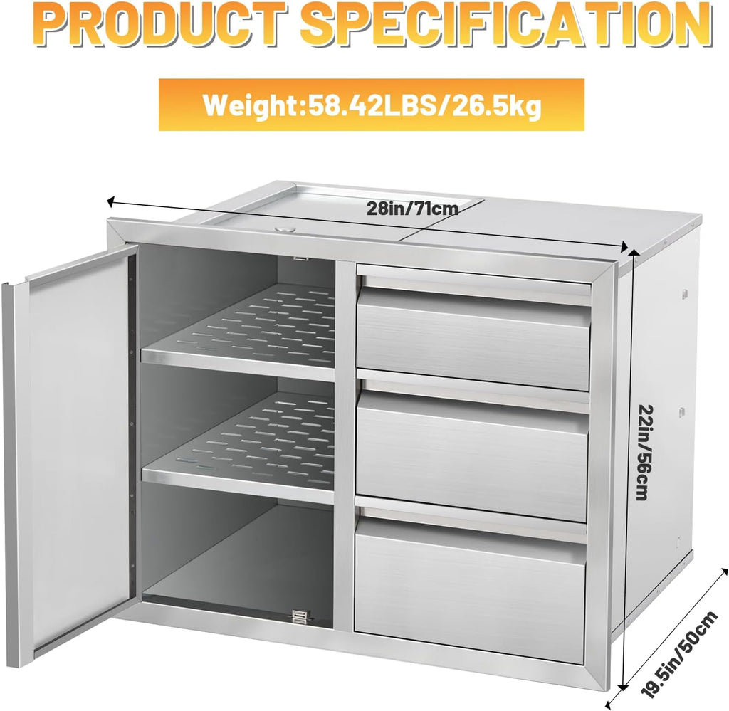 Outdoor Kitchen Drawer Combo Cabinet Stainless Steel Triple Drawers & Access Door, 28' W x 22' H x 19.5' D, Multi-Layer Design with Partition, Perfect for BBQ Grill Station