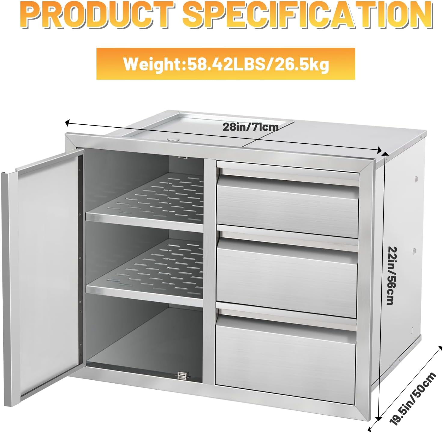 Outdoor Kitchen Drawer Combo Cabinet Stainless Steel Triple Drawers & Access Door, 28' W x 22' H x 19.5' D, Multi-Layer Design with Partition, Perfect for BBQ Grill Station