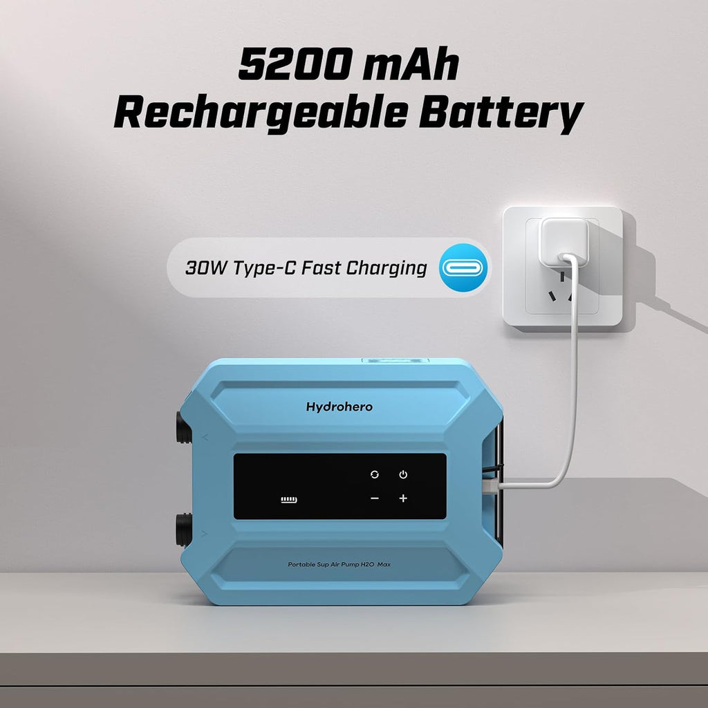Hydrohero Rechargeable Paddle Board Pump, Max 20PSI SUP Pump Electric Portable, Intelligent Dual Stage Inflation & Deflation, LED Display, Auto-Off for Paddleboards, Kayaks, Inflatable Boats, Tents