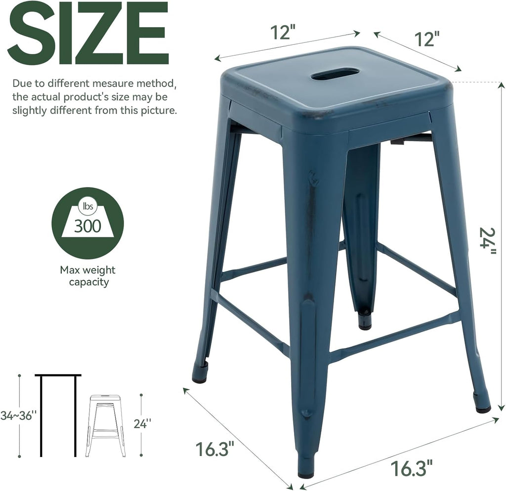 Vogue Furniture Direct 24 Inch Metal Bar Stools, Backless Counter Height Barstools, Indoor Outdoor Stackable Stools with Square Seat, Set of 4 (Distressed Deep Blue)