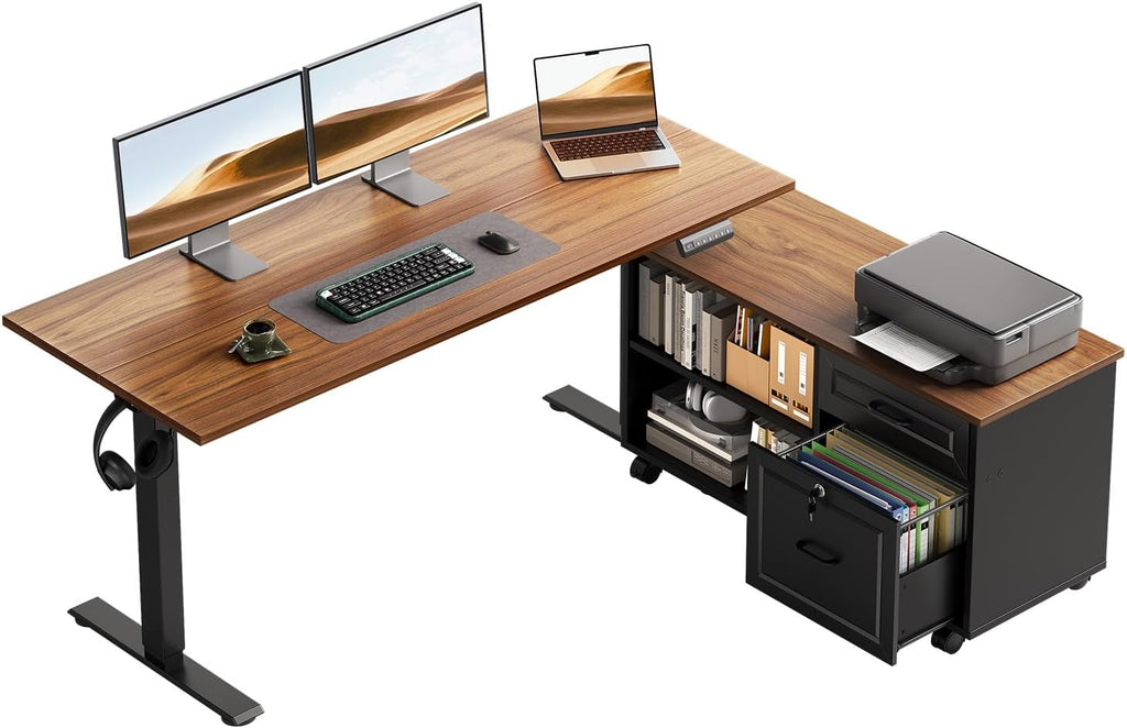 OffiGo 48 Inch L Shaped Electric Standing Desk with Drawers & File Cabinet Sets, Executive Sit Stand Desk, Height Adjustable Computer Desk for Home Office, Writing, Workstation, Walnut+Black