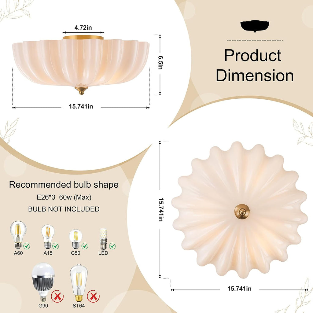 Milk Glass Flush Mount Ceiling Light, 3-Light Gold Hallway Light Fixtures, 15.7'' Vintage Brushed Brass Milk Glass Lights Fixture for Entryway Dining Living Room Foyer