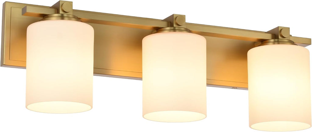 Gold Bathroom Vanity Light Fixtures, Aged Brass 3 Lights Vanity Lighting Fixture with Opal Glass Shade, Porch Wall Mount Light Fixture for Bathroom, Mirror Cabinets Hallway Stairs