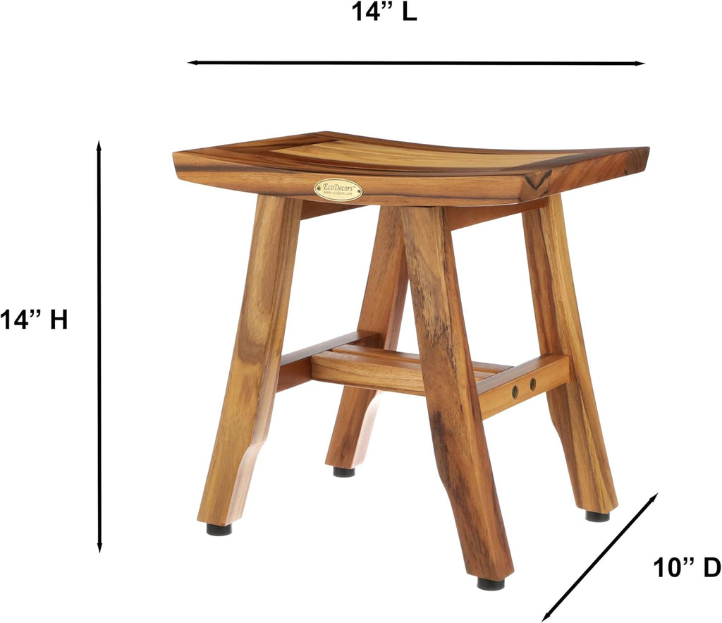 EcoDecors® Satori® 14' Solid Teak Shower Bench, Water-Resistant Bath Stool with Adjustable Feet, EarthyTeak Finish, Indoor/Outdoor Use