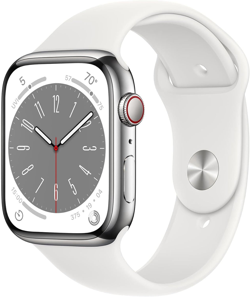 Apple Watch Series 8 (GPS + Cellular, 45MM) Silver Stainless Steel Case with White Sport Band (Renewed)