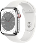 Apple Watch Series 8 (GPS + Cellular, 45MM) Silver Stainless Steel Case with White Sport Band (Renewed)