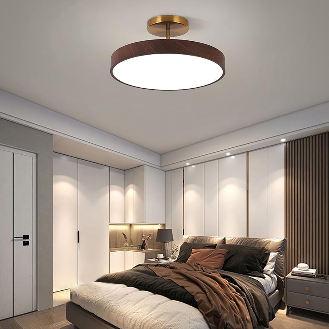 Mid Century Modern LED Ceiling Lighting Wood Art Decoration 15.6-inch White Light 2-Pack Nordic Modern Retro Lamp Round Pendant Lights for Dining Room Farmhouse Bedroom