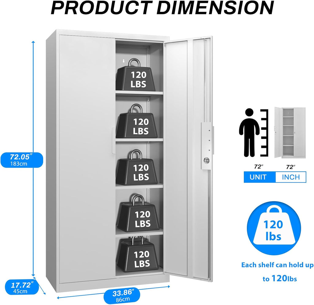 Metal Garage Storage Cabinet with Lock, 72' Tall Steel Storage Locker with 4 Adjustable Shelves, Heavy Duty Metal Cabinet for Garage, Office, Home, White