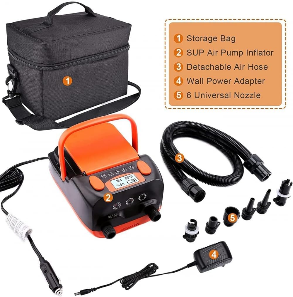 Paddle Board Inflator Pump, Electric SUP Pump, Dual Motor 110W 12V DC Portable Paddle Board Pump, Inflatable Deflatable Electric Air Pump with 7 Nozzles for Paddle Board Surfboard