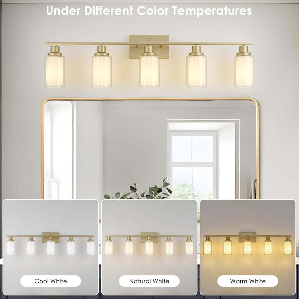 Jonsi Bathroom Vanity Light 5-Light Gold Vanity Lights 40' Bathroom Light Fixtures Over Mirror with Double Clear Glass Modern Wall Sconces for Living Room Hallway Bedroom