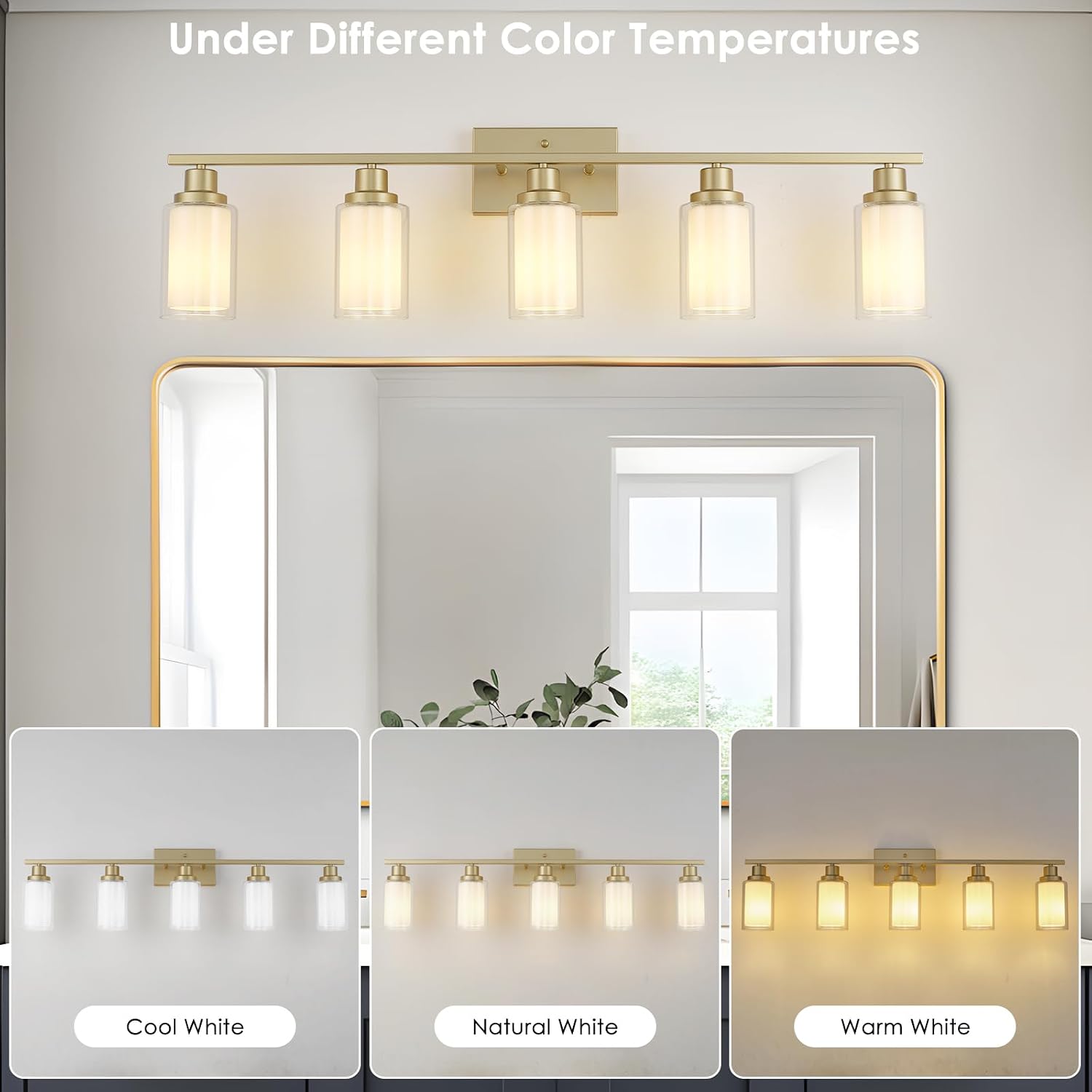 Jonsi Bathroom Vanity Light 5-Light Gold Vanity Lights 40' Bathroom Light Fixtures Over Mirror with Double Clear Glass Modern Wall Sconces for Living Room Hallway Bedroom