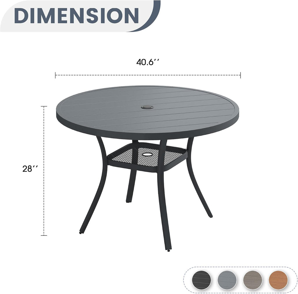 VICLLAX 40.6' Round Metal Outdoor Dining Table for 4, Patio Table with Umbrella Hole and Storage Shelf for Garden, Lawn, Deck, Dark Grey