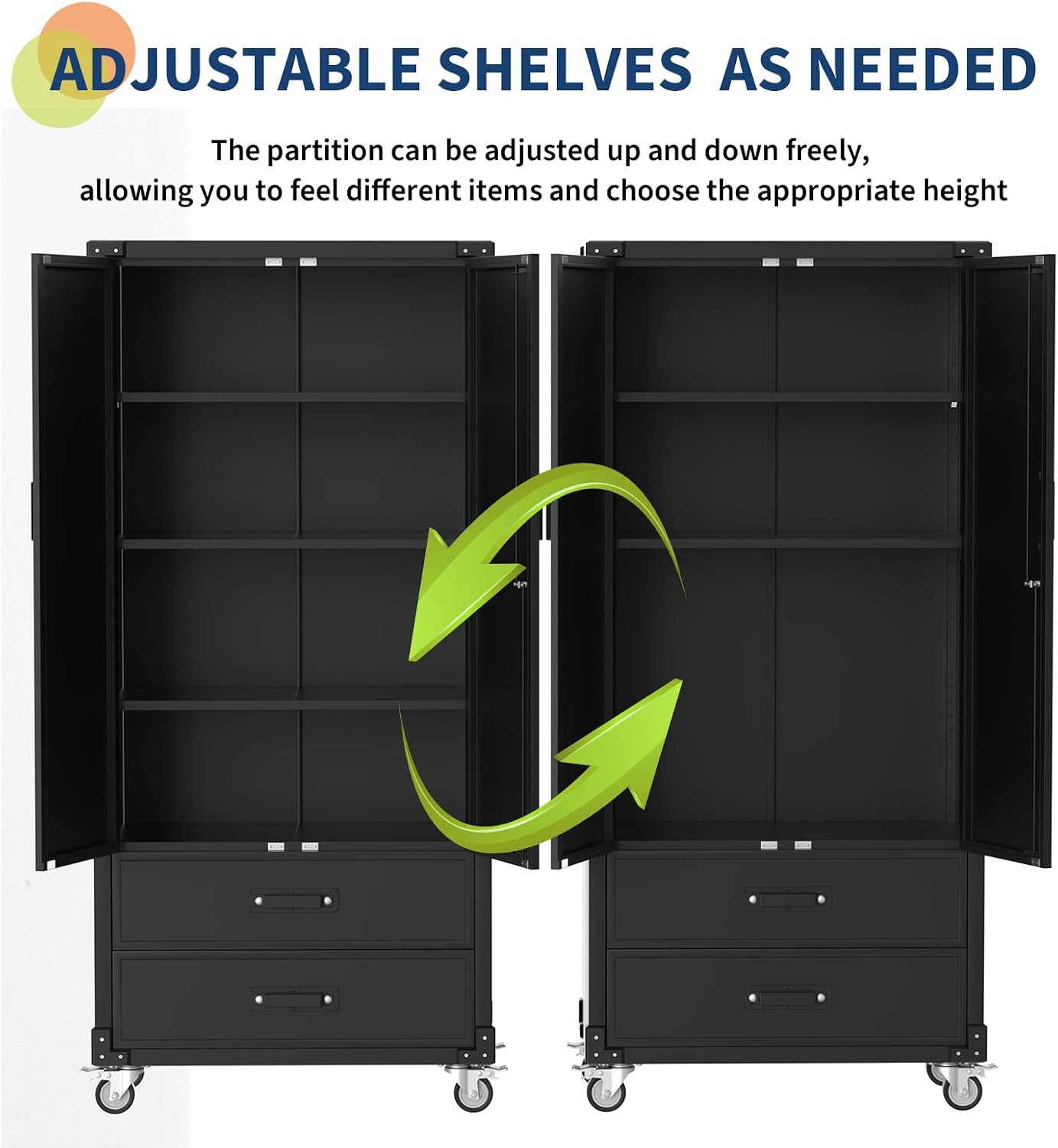 GarveeHome 72 in Metal Storage Cabinet with Wheels, Locking Doors & 2 Drawers,Heavy Duty Rolling Garage Organizer with 3 Adjustable Shelves for Home/Office/Workshop/Warehouse