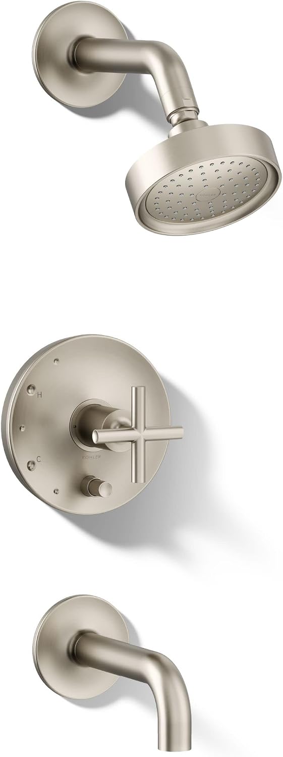KOHLER Purist® Rite-Temp® pressure-balancing bath and shower faucet trim with push-button diverter, 7-3/4' spout and cross handle, valve not included
