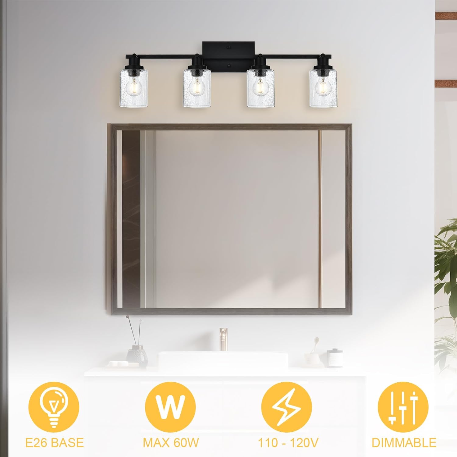 4-Light Black Track Lighting Kit Ceiling Mount Kitchen Track Lighting Fixtures, Bathroom Ceiling Tracking Vanity Light with Bubble Seeded Glass Shade & Rotatable Tracking Heads for Accent Shop