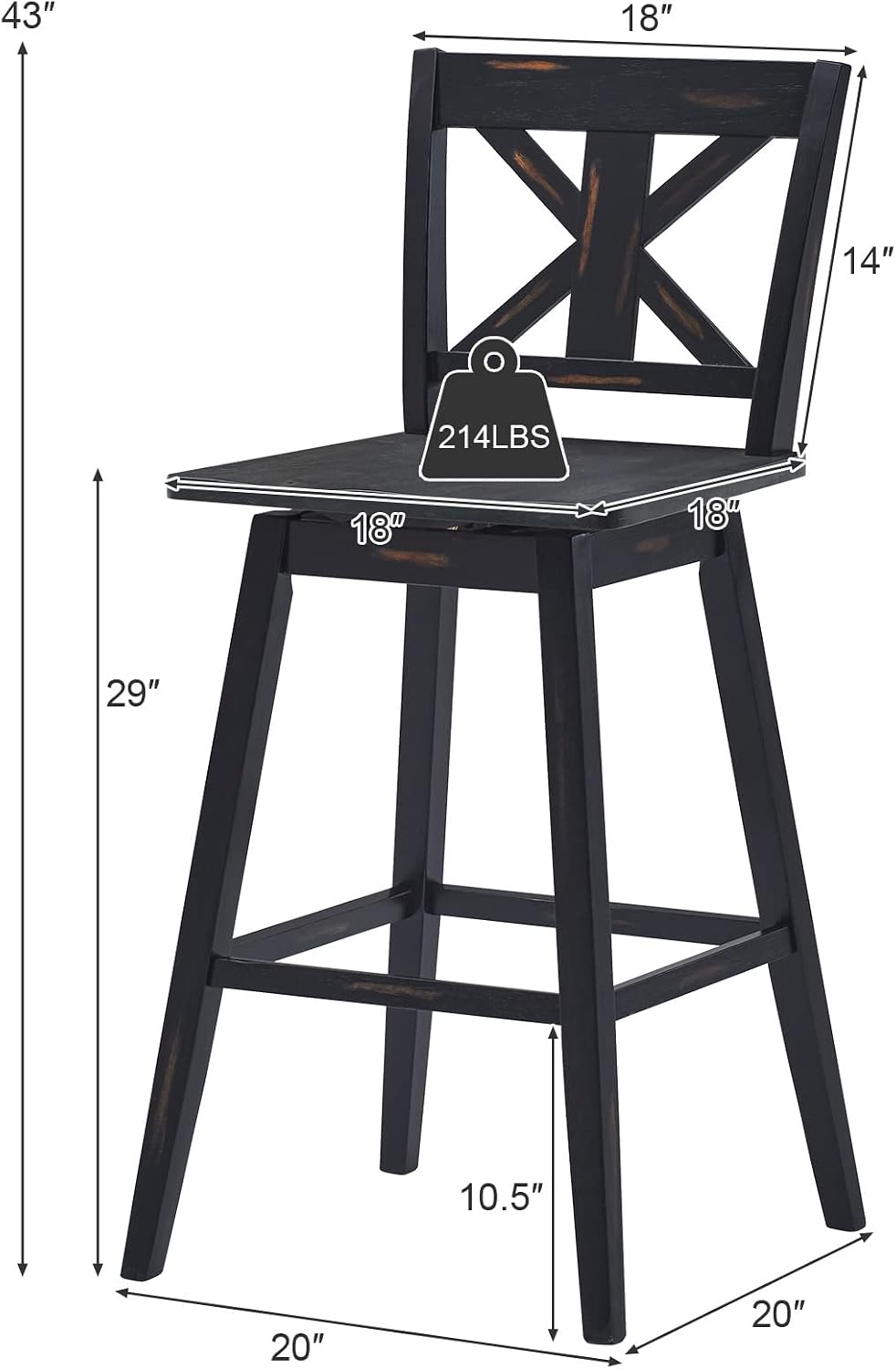 COSTWAY Bar Stools Set of 4, 360 Degree Swivel, 29-inch Height Chairs w/Non-Slip Foot Pads, Rubber Wood Bar Chairs, Vintage Bar Stools for Home, Restaurant (Black)
