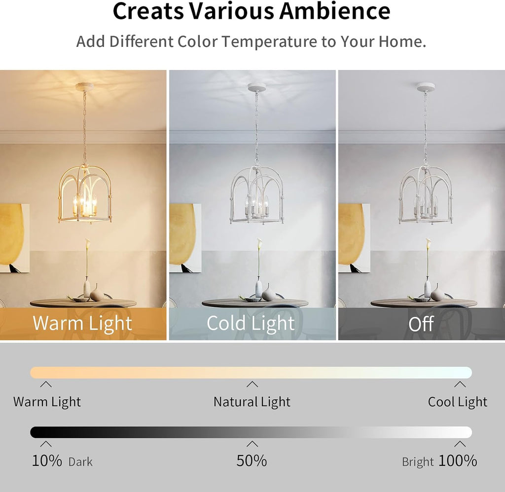 4-Light Chandeliers, Farmhouse White Chandelier for Dining Room Light Fixtures, Lantern Metal Kitchen Pendant Light Fixtures, Rustic Cage Chandelier for Bedroom Living Room Kitchen Island Hallway