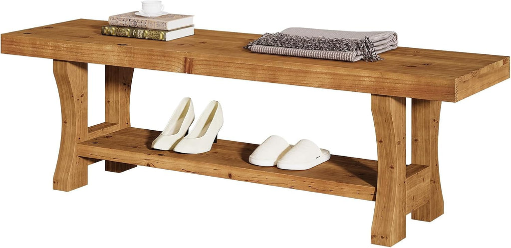 Solid Wood Entryway Bench, 55' End of Bed Bench, Long Indoor Dining Seat for Hallway, Bedroom, Living Room, Dining Room, Easy Assembly, Brown
