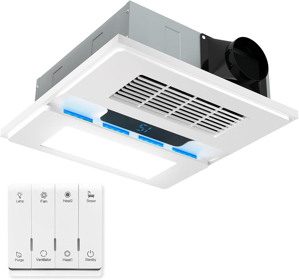 1800W Bathroom Exhaust Fan with Light and Heater, 110 CFM 4-in-1 Ceiling Vent Fan, 1.0 Sone Quiet Operation, 11.2' x 11.2' Ceiling Cutout, 13.8' Grille, 6500K LED Light, Metal Housing