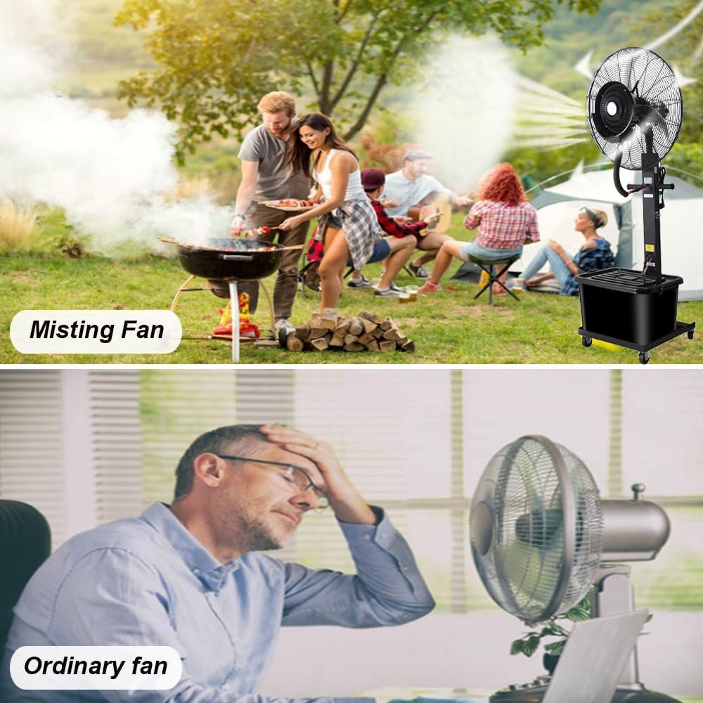 25.6in Outdoor Misting Pedestal Fan, Industrial Cooling Spray Fan, Portable 4 Wheels Adjustable Height, 3 Speeds,120° Oscillation, 11 Gal Bucket, powerful(25.6in)