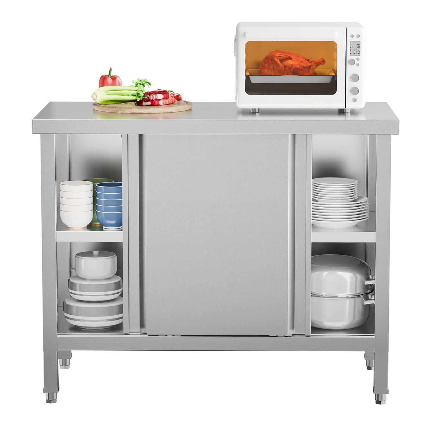 ROVSUN Stainless Steel Table with Cabinet 39 x 19 inches, NSF Commercial Heavy Duty Prep & Work Table with 2 Sliding Doors for Kitchen, Restaurant, Home, Hotel, Garage, Laundry