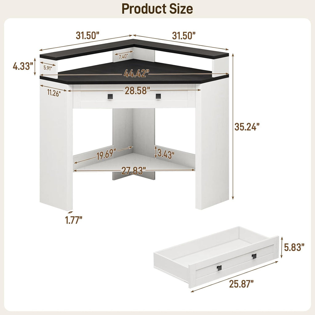 Corner Desk, Triangle Computer Desk Home Office Workstation with Drawer and Monitor Stand for Small Spaces Farmhouse Corner Vanity Table for Bedroom Study, Living Room (Rustic White and Black)