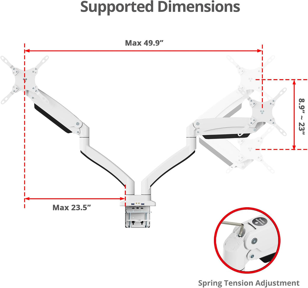 SIIG Dual Monitor Desk Mount, 17' to 35', USB 3.0 and Audio Extend Ports, Fits Two Flat/Curved Monitors, Load Bearing 33 lbs max Each, VESA 75x75 100x100, C-Clamp and Grommet Base (CE-MT3211-S1)