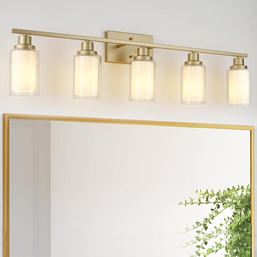Jonsi Bathroom Vanity Light 5-Light Gold Vanity Lights 40' Bathroom Light Fixtures Over Mirror with Double Clear Glass Modern Wall Sconces for Living Room Hallway Bedroom