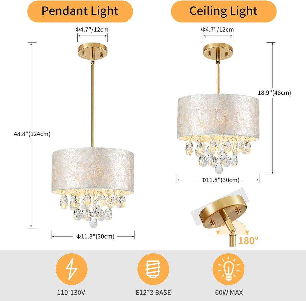 LumFurn D12in Drum Capiz Shell Crystal Chandeliers, 3-Light Coastal Pendant Light Fixture for Dining Room, Living Room, D12xH19~49'(Adjustable), K9 Crystal, Shell Lampshade & Brass Finish