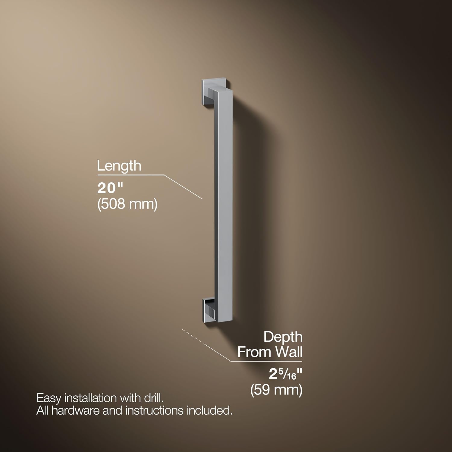 KOHLER K-23294-CP Square 18 Inch Grab Bar, Installation Hardware Included, 300lb Capacity, Polished Chrome