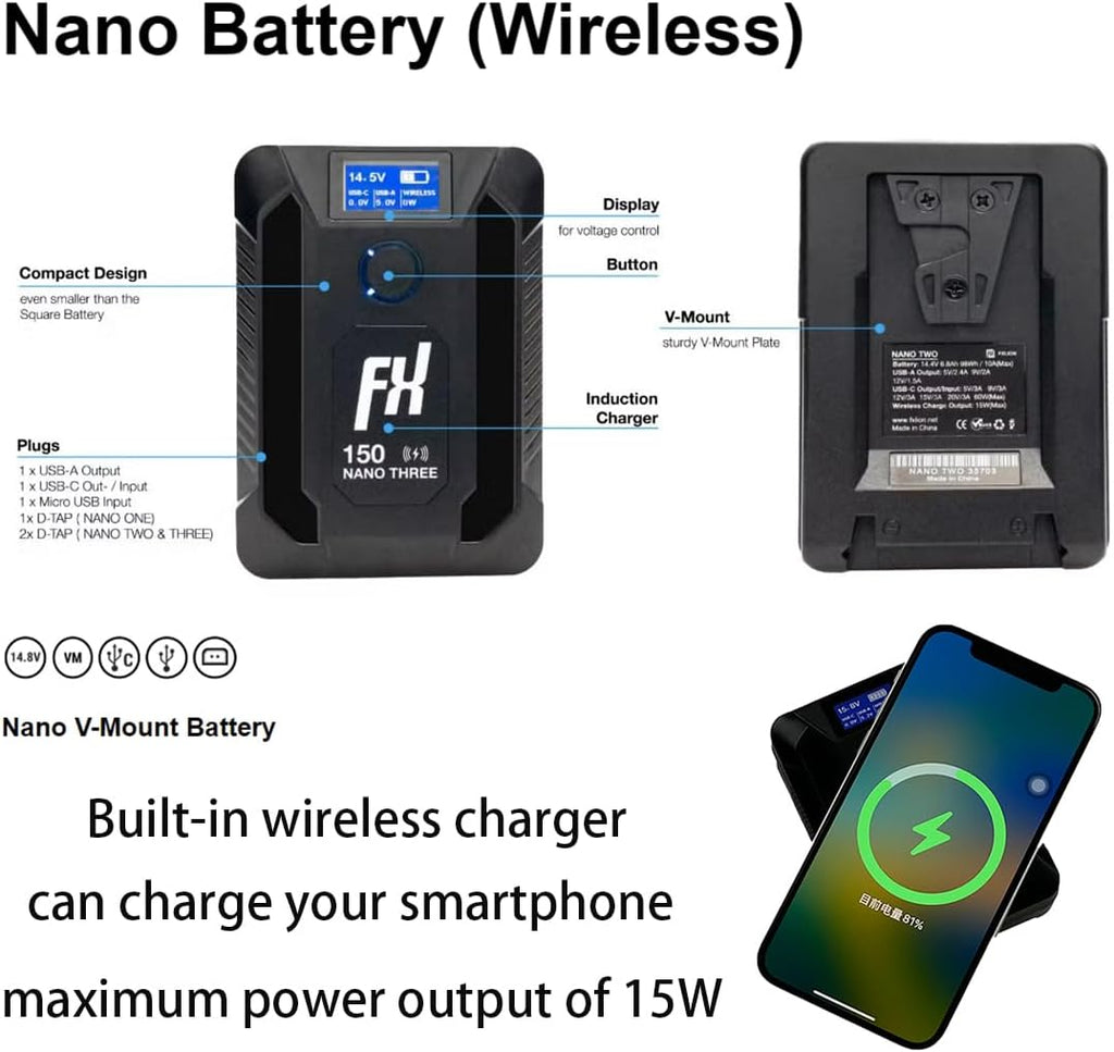 SONGING 50Wh FXLION Nano ONE-PRO Tiny V-Mount/V-Lock Battery w/Built-in Wireless Charger Type-C, D-tap, USB A, Micro USB for Cameras, Camcorders,Large LED Lights, Monitors, MacBook and Smartphone