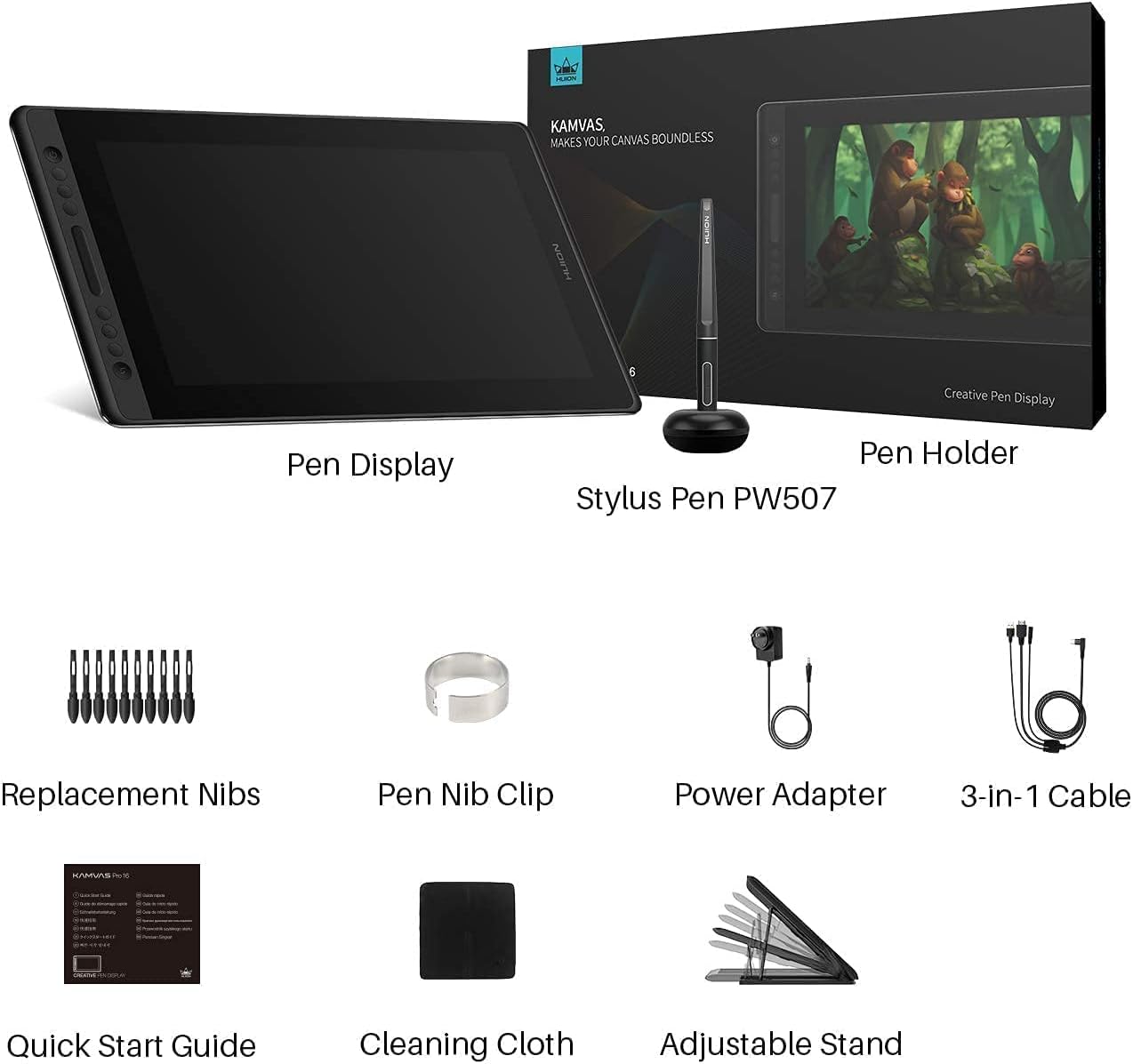 HUION KAMVAS Pro 16 Graphics Drawing Tablet with Screen Full-Laminated Tilt Battery-Free Stylus Touch Bar Adjustable Stand for Windows, Linux and Mac, 15.6inch Pen Display Bundle with Glove