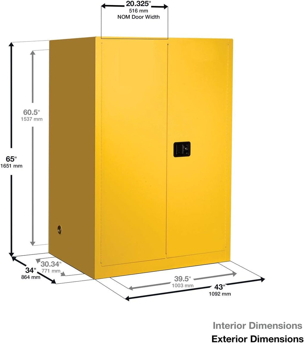 Justrite 90 Gallon Manual Close Flammable Storage Cabinet, 18 Gauge Steel, 2 Shelves, 2 Door Fire Cabinet, 65' x 43' x 34', Made in The USA, Yellow, 899000