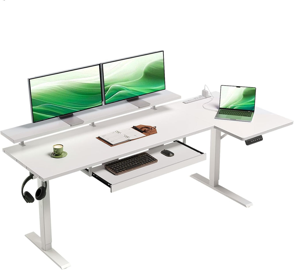OffiGo 63 Inch L Shaped Electric Standing Desk with Keyboard Tray, Reversible Height Adjustable Corner Computer Desk with Monitor Stand, Sit Stand Up Lift Table for Home, Office, White