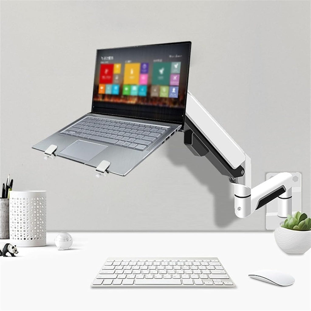 Monitor Arm Wall Mount Monitor Arm with Laptop Tray, Aluminum Gas Spring Full Motion Laptop Mount Arm Fits Max 32 inch, 19.8 lbs Screens/ 10-17' Laptop Monitor Mount(White)