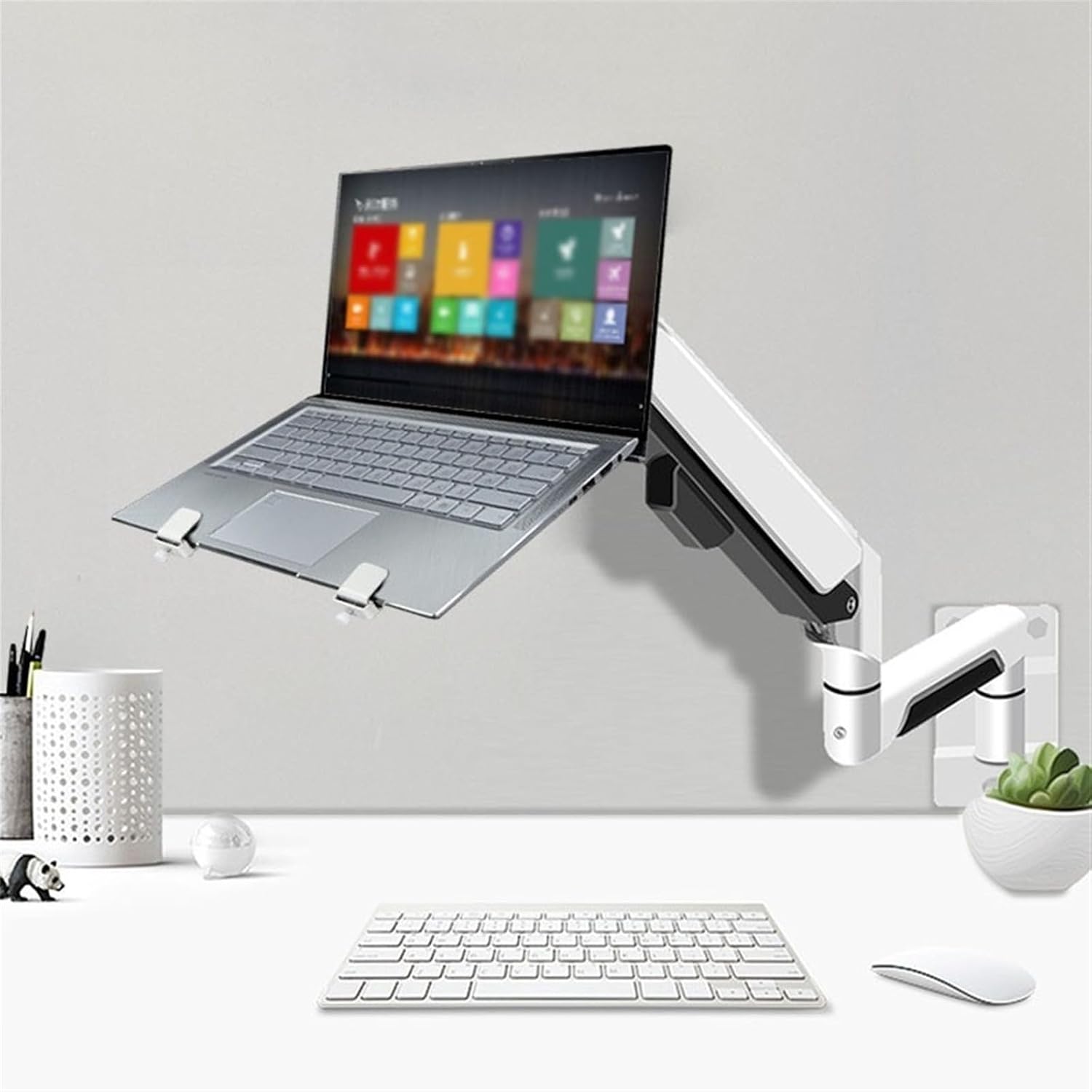 Monitor Desk Wall Mount Monitor Arm with Laptop Tray, Aluminum Gas Spring Full Motion Laptop Mount Arm Fits Max 32 inch, 19.8 lbs Screens/ 10-17' Laptop Monitor Stand(White)